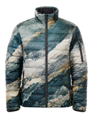 Mountain-Landscape Sublimated Puffer Jacket – Teal, White, Grey and Muted Gold | B2B Low MOQ