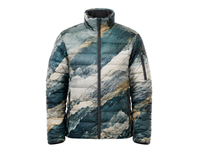 Mountain-Landscape Sublimated Puffer Jacket – Teal, White, Grey and Muted Gold | B2B Low MOQ