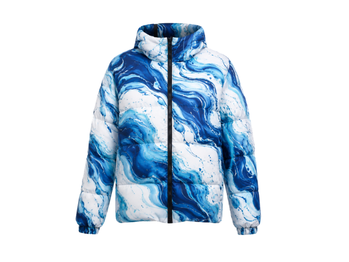 Hooded Marble-Print Sublimated Puffer Jacket – Navy, Blue, Aqua and White | B2B Low MOQ front design preview