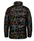Geometric-Line Sublimated Puffer Jacket – Black with Multicolour Outline Print | B2B Low MOQ