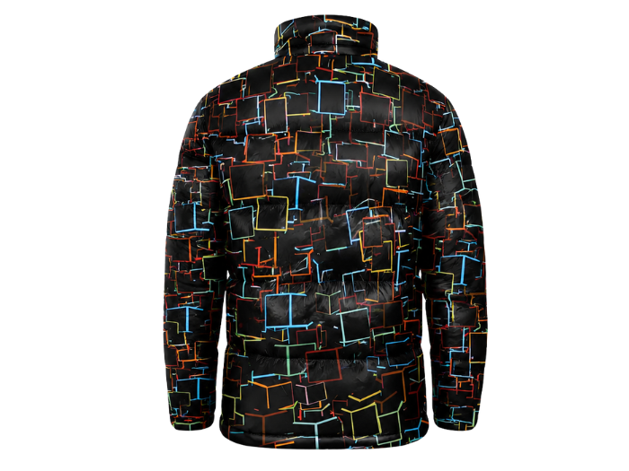 Geometric-Line Sublimated Puffer Jacket – Black with Multicolour Outline Print | B2B Low MOQ