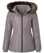 Custom Women’s Taupe Fur-Trim Hooded Eider Down Puffer Jacket B2B