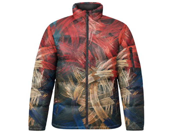 Layered Abstract-Print Sublimated Puffer Jacket – Rust Red, Tan, Navy and Teal | B2B Low MOQ front design preview