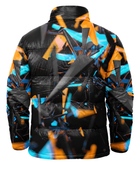Angular Shard-Print Sublimated Puffer Jacket – Black, Orange, Aqua and Grey | B2B Low MOQ