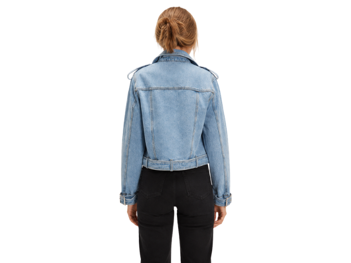 Custom Women’s Belted Moto Denim Jacket B2B Low MOQ Denim Manufacturer