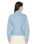 B2B Women’s Asymmetric Denim Jacket Low MOQ Denim Manufacturer Light Blue
