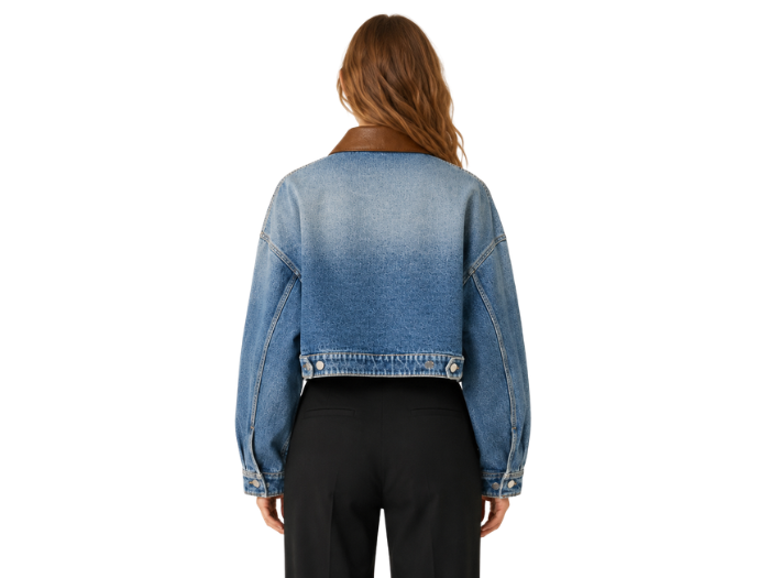 B2B Custom Cropped Contrast-Collar Denim Jacket Women’s Light Blue