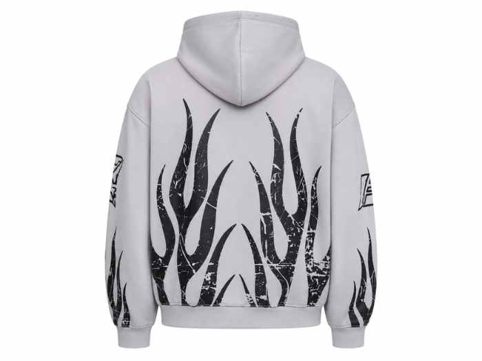 Custom Moto Racing Flame Screen Printed Zip-Up Hoodie B2B Light Grey