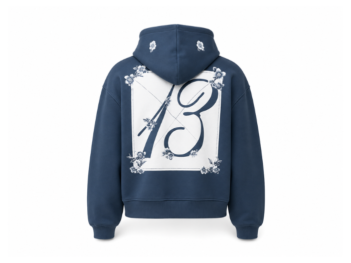 B2B Floral Embroidery Pullover Hoodie Dark Blue Low MOQ Winter Hoodie Manufacturer