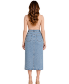 B2B Women’s Front-Slit Denim Midi Skirt Light Blue Low MOQ Denim Manufacture