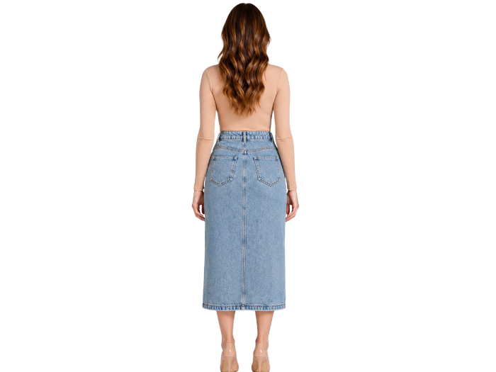 B2B Women’s Front-Slit Denim Midi Skirt Light Blue Low MOQ Denim Manufacture