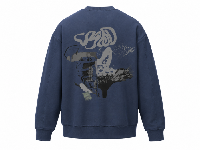 Oversized Crewneck Sweatshirt Blue Abstract Cat Screen Print | B2B Low MOQ