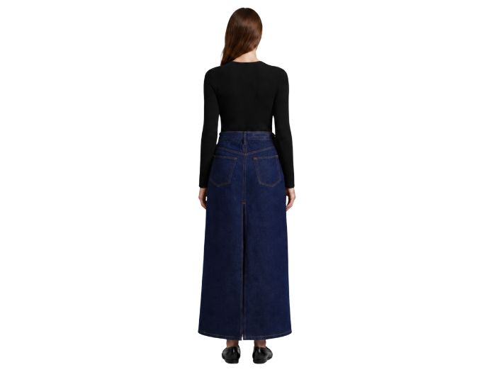 B2B High-Waisted Dark Blue Denim Maxi Skirt Custom Denim Manufacturer