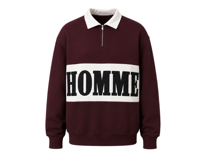 Quarter Zip Sweatshirt Burgundy Contrast Chest Band Embroidery | B2B Low MOQ