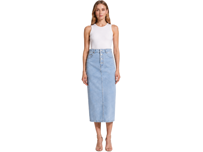 Custom High-Waisted Button-Front Light Blue Denim Midi Skirt