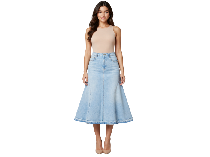 B2B High-Waisted Light Wash Flared Denim Midi Skirt front design preview