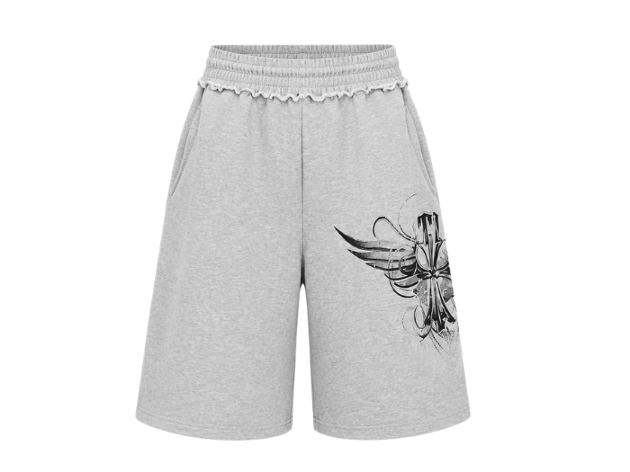 Baggy Track Sweat Shorts Light Grey Wing Graphic Screen Printing | B2B Low MOQ