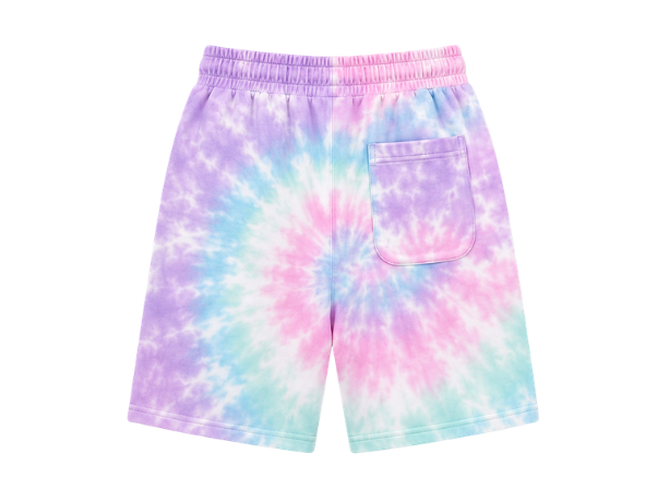 Tie Dye Drawstring Shorts Pastel Lavender Pink Aqua and White Spiral Design | B2B Low MOQ