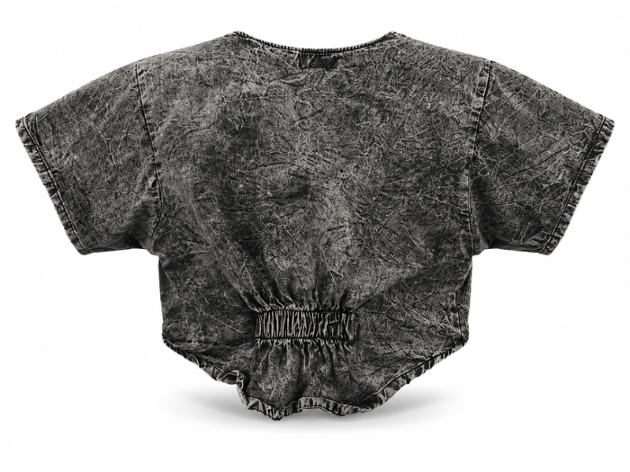 Crop Top Black Raw Hem Ruched Back Acid Wash B2B Low MOQ Manufacturer