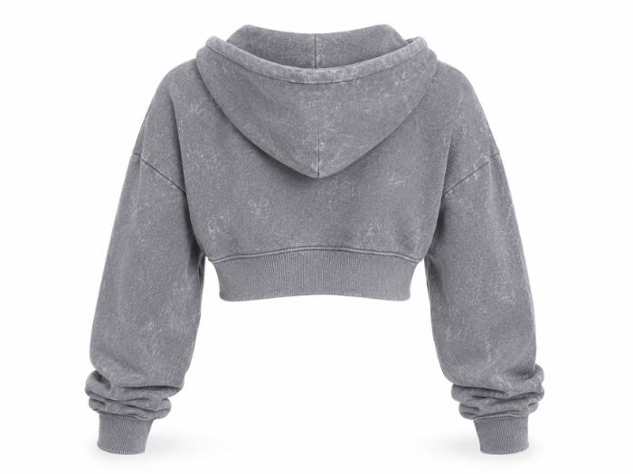 B2B Cropped Zip Hoodie Women’s Grey Acid Wash Low MOQ Manufacturer