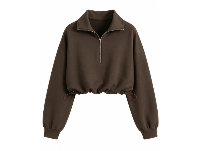 B2B Cropped Half-Zip Pullover Chocolate Brown Low MOQ Manufacturer