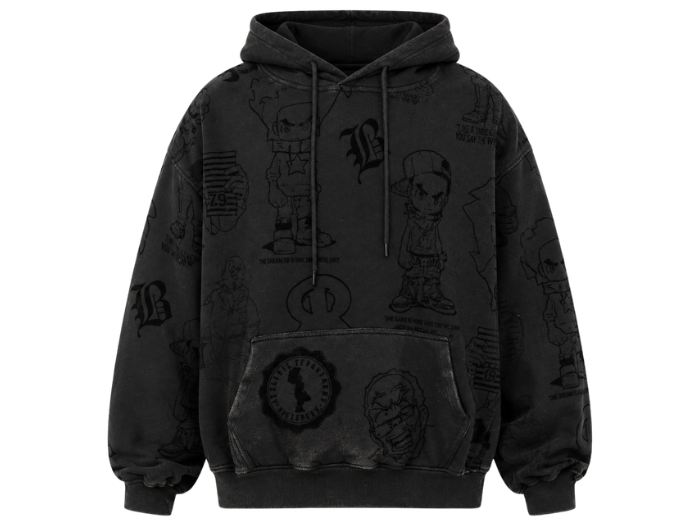 B2B Pullover Hoodie Black Tonal Graphic Acid Wash Low MOQ Manufacturer front design preview
