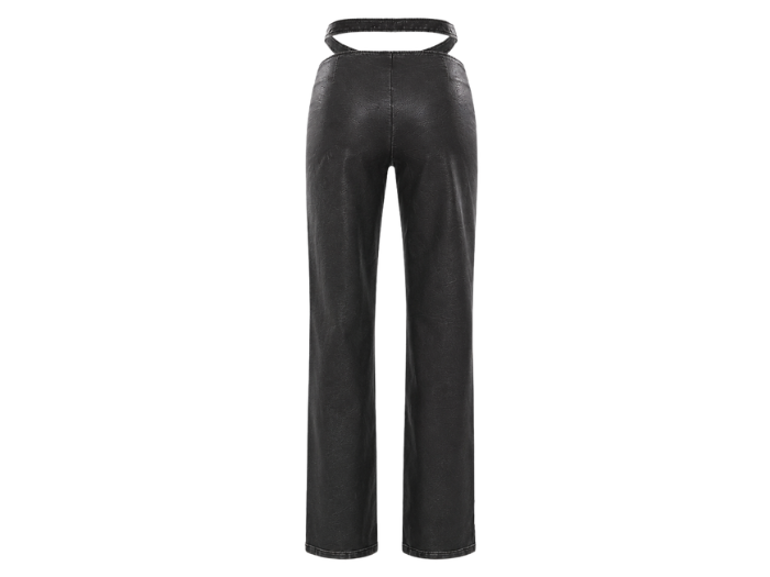 Women’s Faux Leather Cut Out Waist Pants Black with Pintuck Seams | B2B Low MOQ