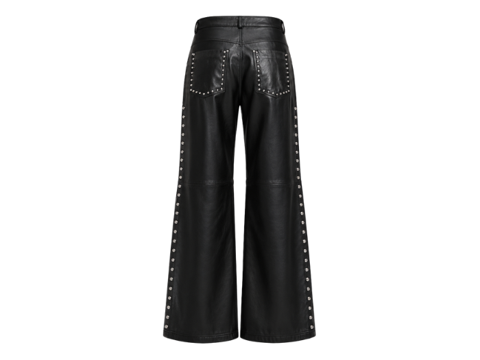 Women’s Leather Wide Leg Pants Black with Studded Side Detail | B2B Low MOQ