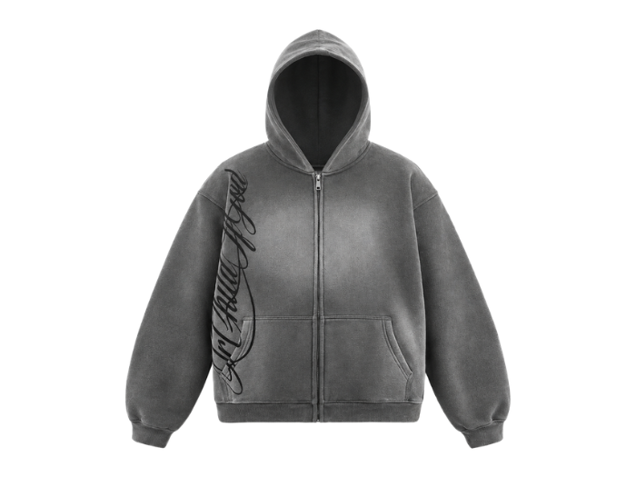 B2B Charcoal Grey Screen Printing Acid Wash Zip Hoodie front design preview