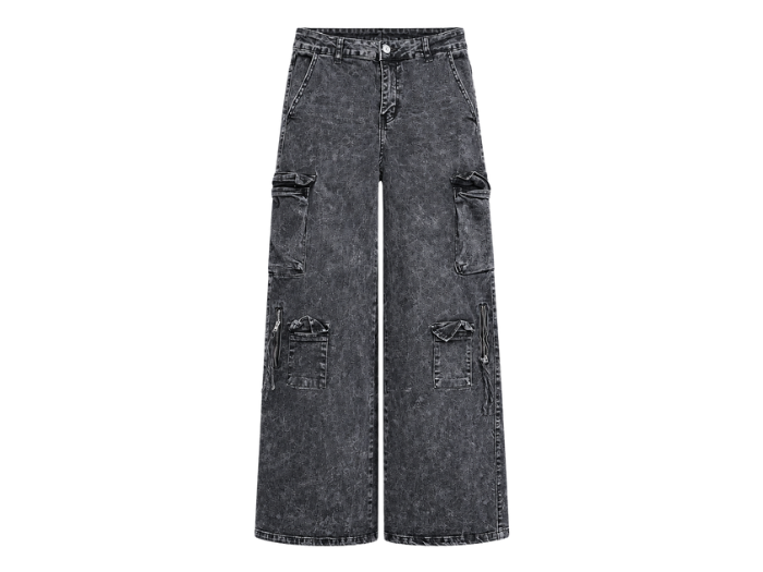 Custom Wide-Leg Cargo Pants Charcoal Grey Acid Wash B2B Low MOQ Manufacturer