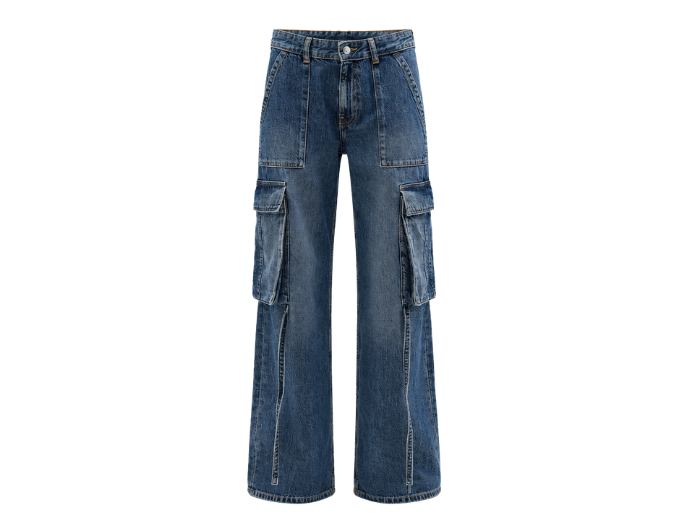 Dark Blue Denim Acid Wash Wide-Leg Cargo Pants B2B