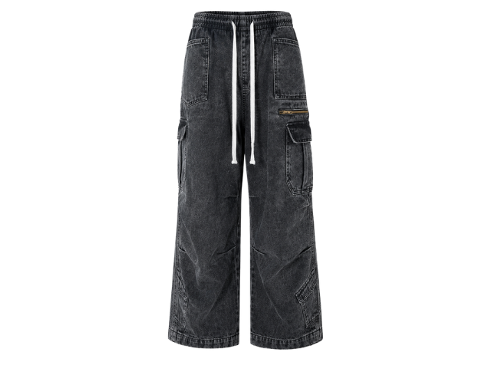 Custom Drawstring Cargo Pants Black Acid Wash B2B Low MOQ Manufacturer