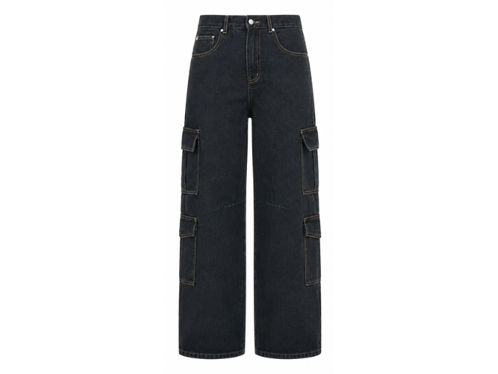 Custom Wide-Leg Cargo Pants Black Contrast Stitch B2B