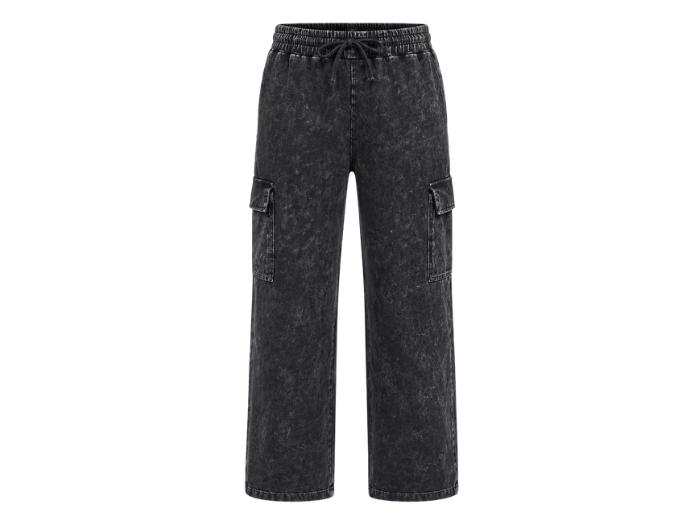 Custom Black Acid Wash Drawstring Cargo Pants Wholesale