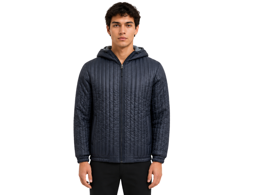 Reversible Hooded Puffer Jacket | B2B Low MOQ Manufacturer front design preview