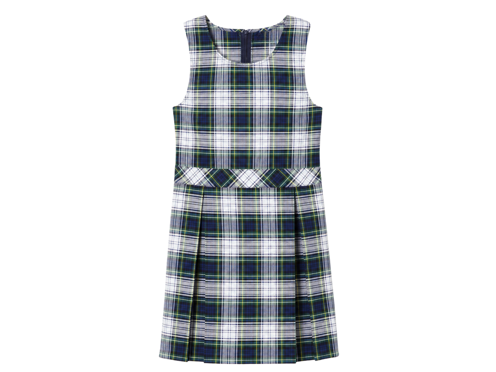 School Plaid Box Pleat Jumper Blue Green White | B2B Low MOQ Wholesale front design preview