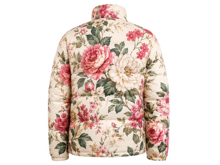 Stand-Collar Floral-Print Sublimated Puffer Jacket – Cream, Pink, Red and Green | B2B Low MOQ