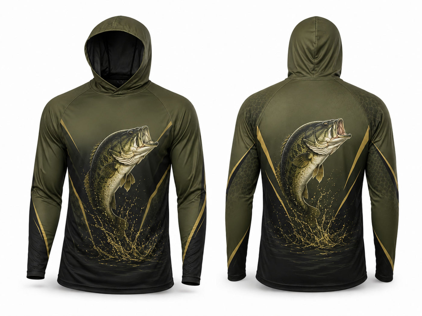 Custom Fishing Hoodie | Wholesale Performance Fishing Hoodie | Olive Green Black Bass | Apparels Bridge