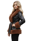 Black Lambskin Leather Fur Coat Wholesale | Women’s Belted Winter Coat Manufacturer