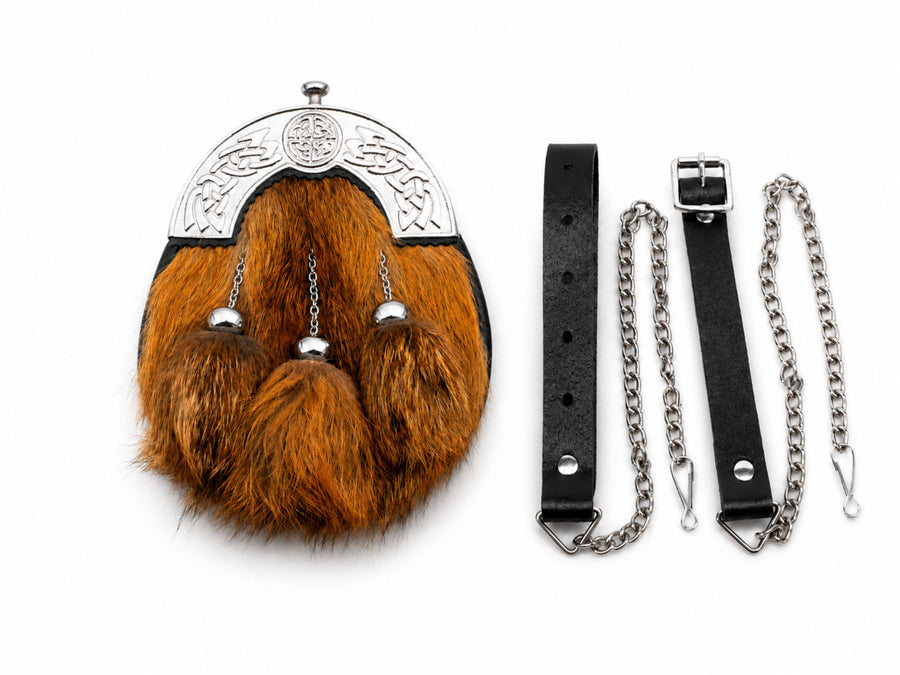 Red Fox Fur Dress Sporran Brown with Engraved Silver Cantle | B2B Low MOQ