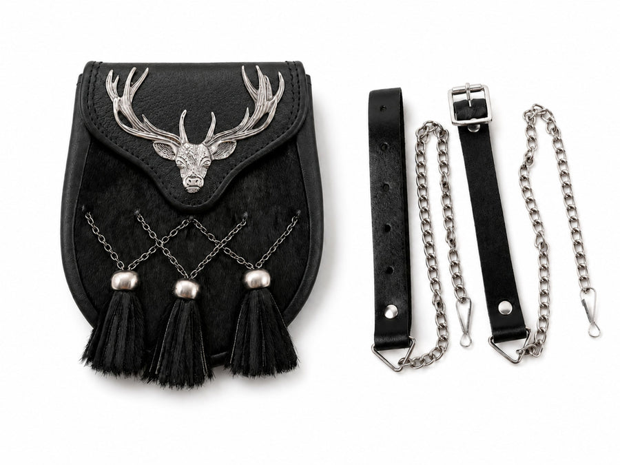 Bovine Leather Semi Dress Sporran Black with Stag Motif | B2B Low MOQ