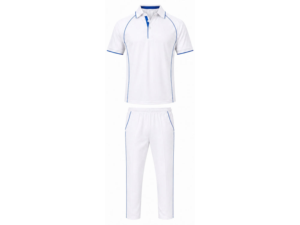 Custom Cricket White Uniform Set – Shirt & Trouser with Blue Accents front design preview