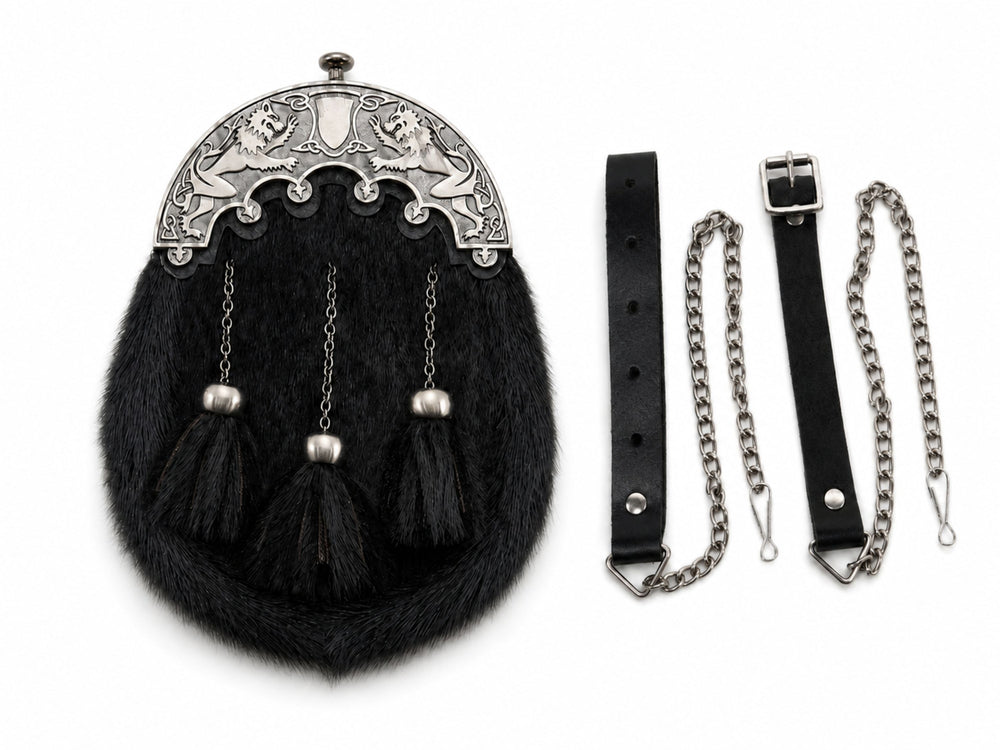Bovine Hair Dress Sporran Black with Ornamental Silver Cantle | B2B Low MOQ front design preview