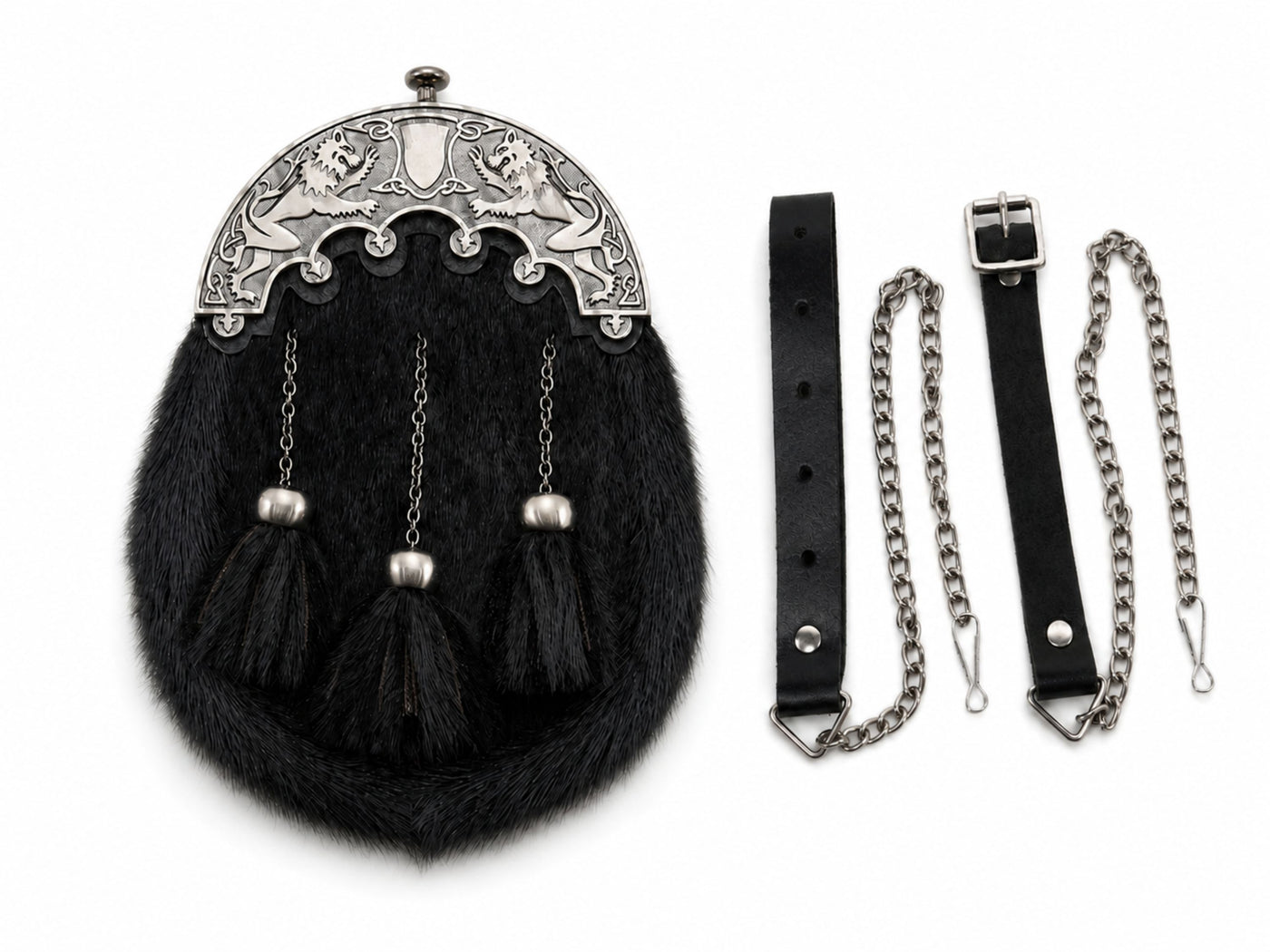 Bovine Hair Dress Sporran Black with Ornamental Silver Cantle | B2B Low MOQ
