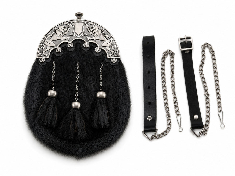 Bovine Hair Dress Sporran Black with Ornamental Silver Cantle | B2B Low MOQ