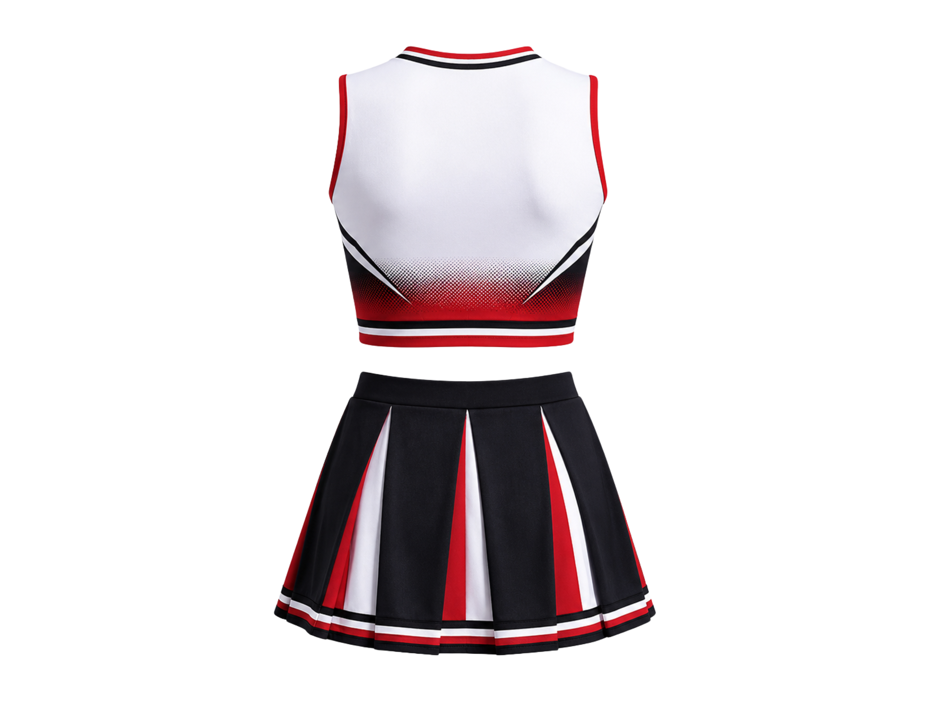 Wholesale Black & Red Cheerleading Uniform Matching Top & Skirt, Custom Team Name, Player Number, Low MOQ