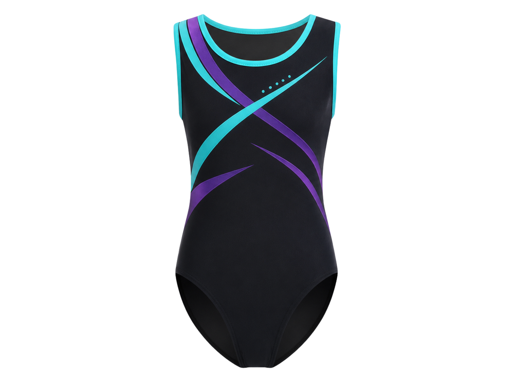 Custom Training Gymnastics Leotard | Wholesale Gym Team Leotard | Black Teal Purple | Apparels Bridge front design preview