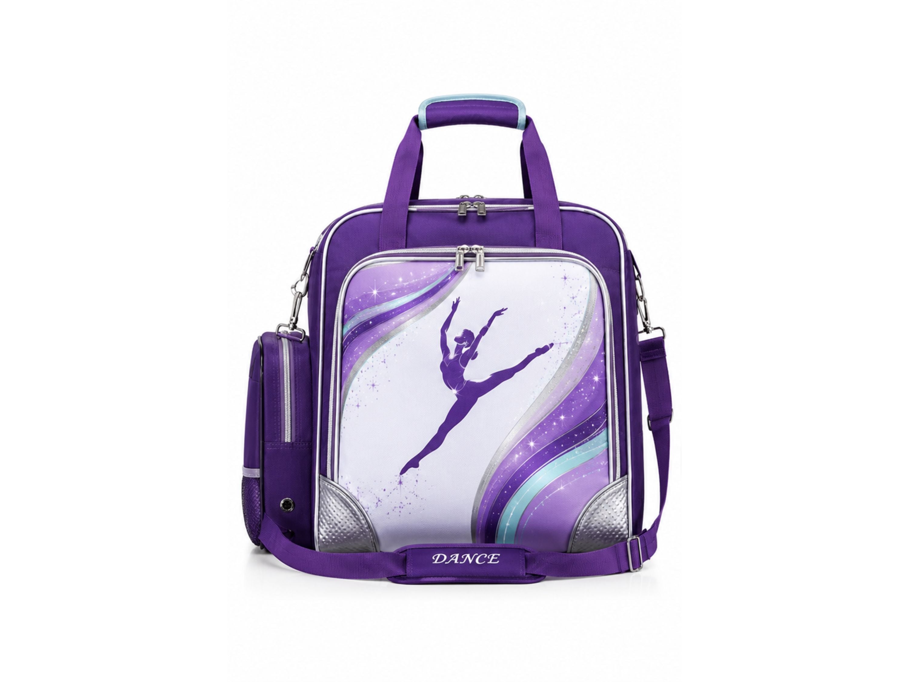 Custom Dance Team Duffle Bag | Wholesale Dancer Kit Bag | Teal White Purple | Apparels Bridge