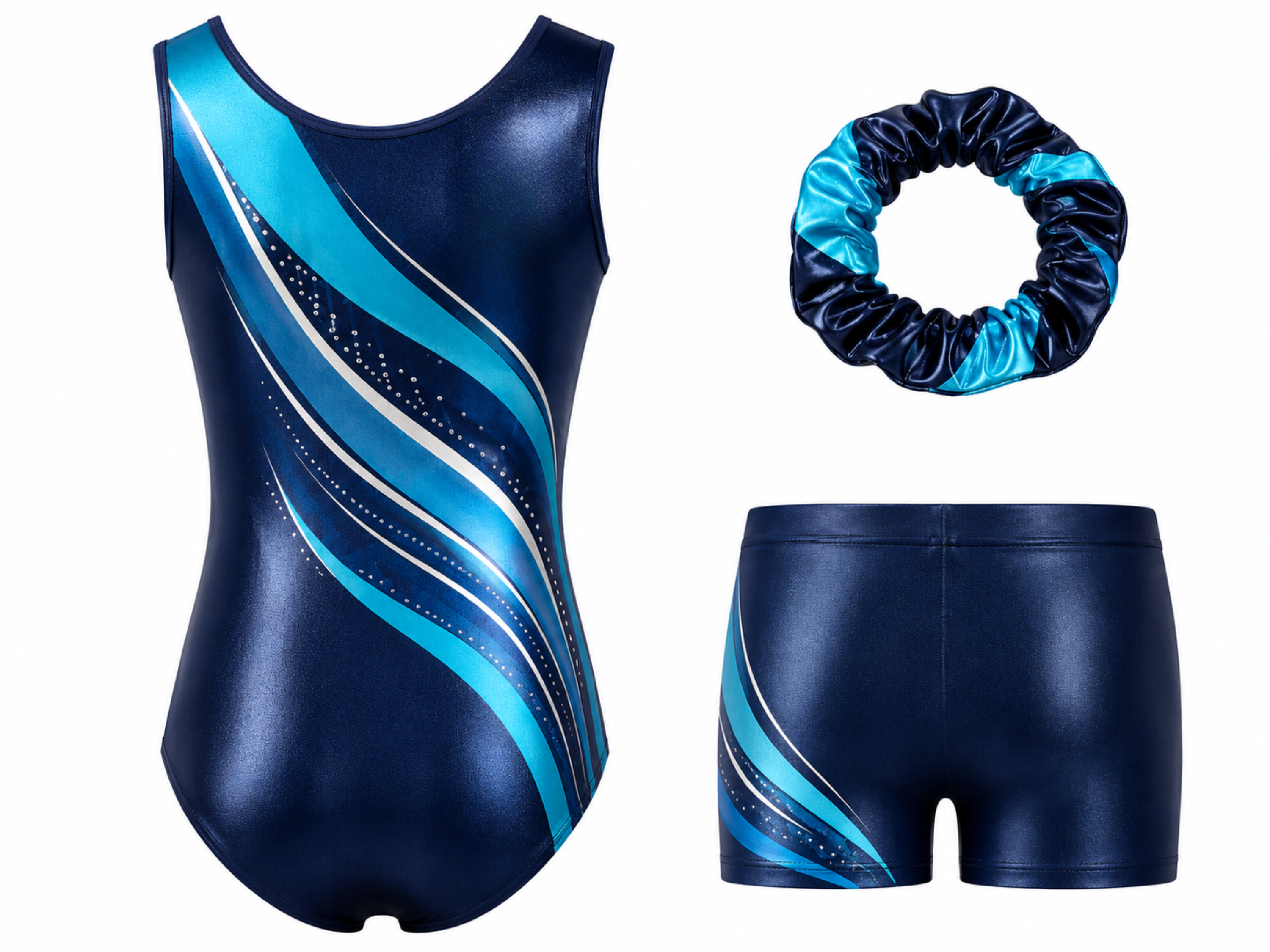 Custom Gymnastics Leotard Set | Wholesale Gym Team Set with Shorts and Scrunchie | Navy Teal Silver | Apparels Bridge
