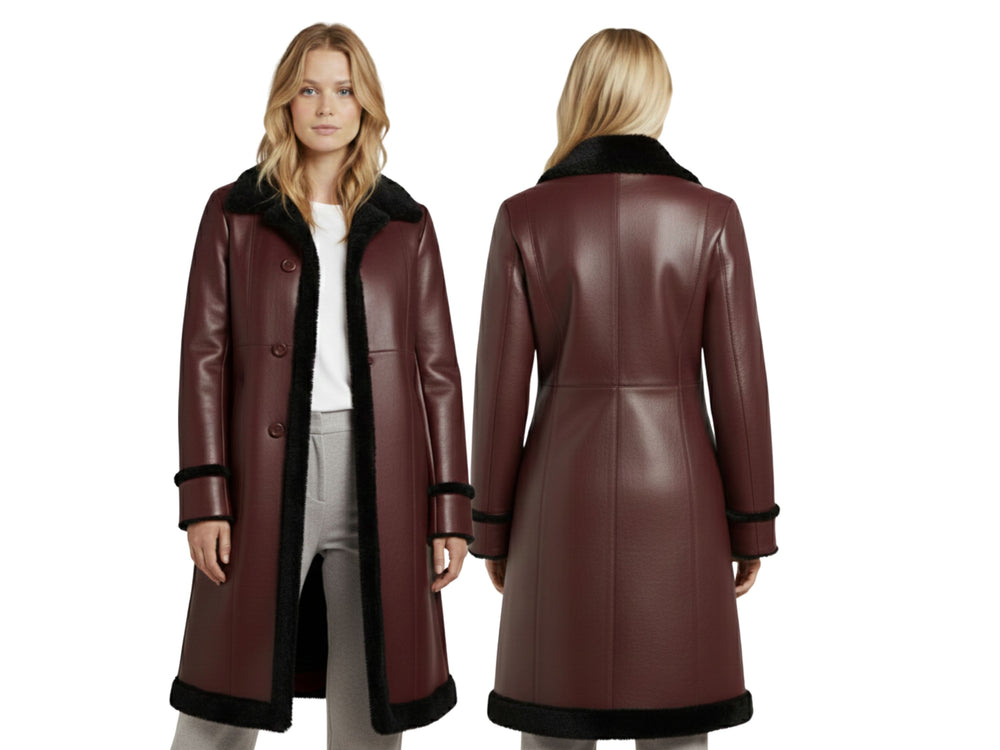 Women’s Burgundy Lambskin Leather Penny Lane Coat Wholesale Custom Private Label Shearling Outerwear Manufacturer front design preview